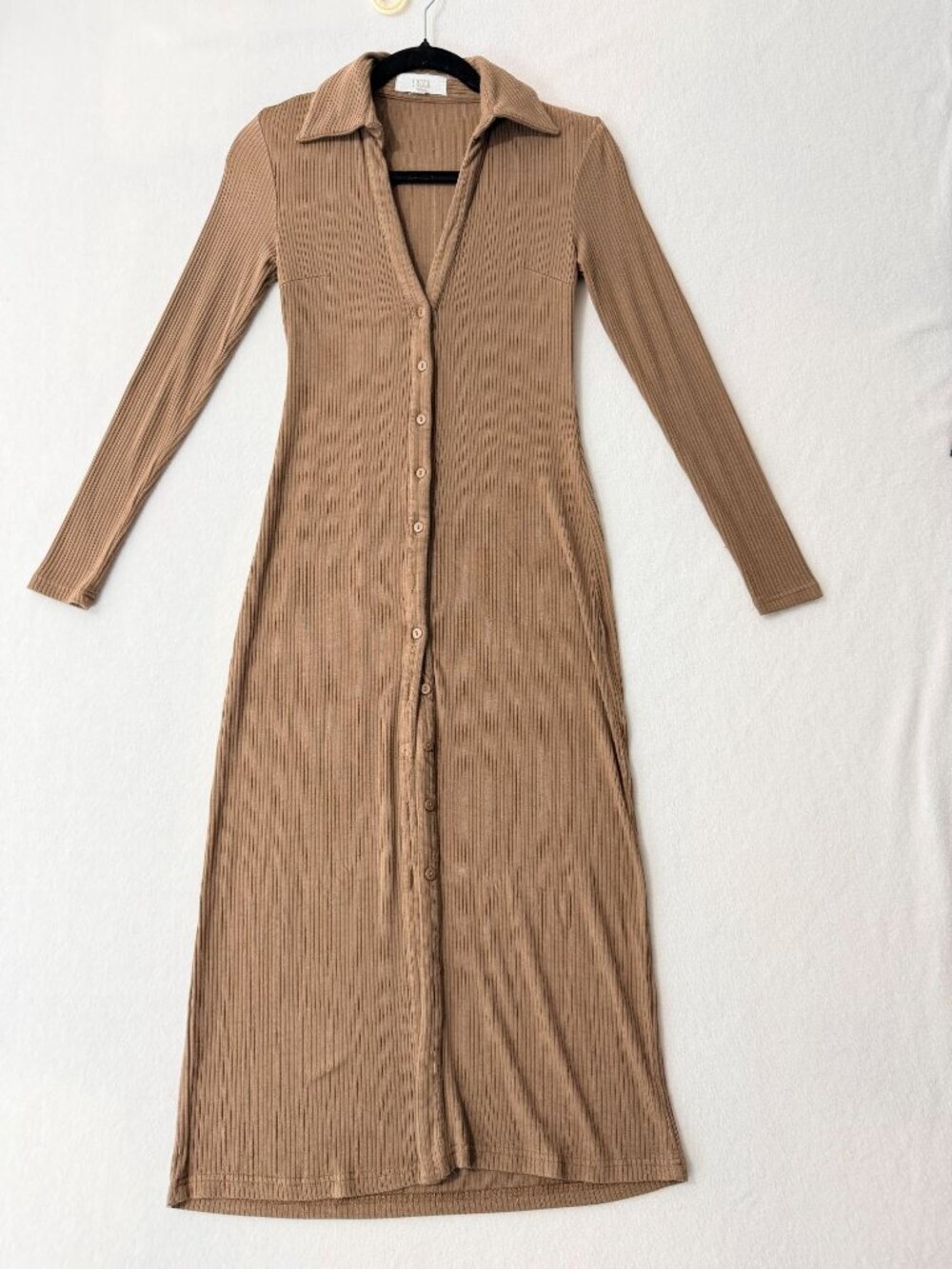 Lucca Brown Ribbed Long Sleeve Button-Down Midi Dress With Collared Neckline S - Picture 9 of 14